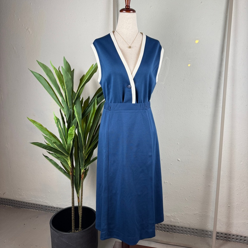 Dark Academia Retro Mod Blue Skirt & Vest Set Womens 14 Vintage Knit Co-ord 2pc